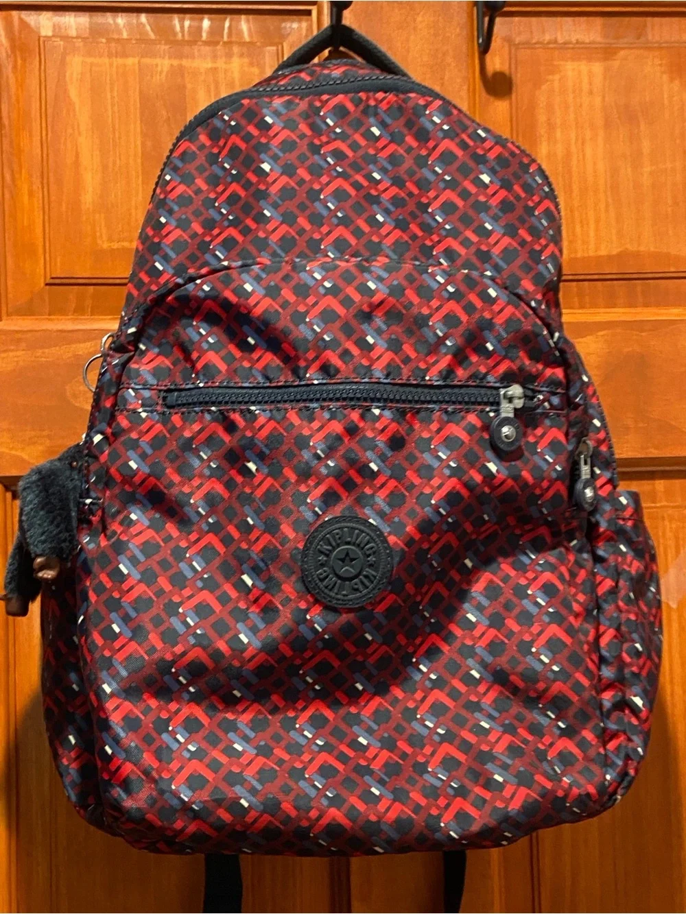 Kipling Red and Black Geometric Pattern Backpack
